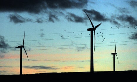A flock of birds flies past wind turbines in the evening light, at Scottish Power’s Dun Law windfarm south of Edinburgh.