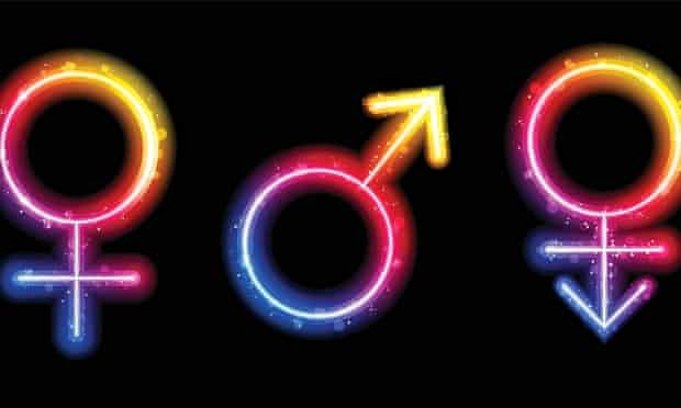 Male, female and transgender gender symbols in neon
