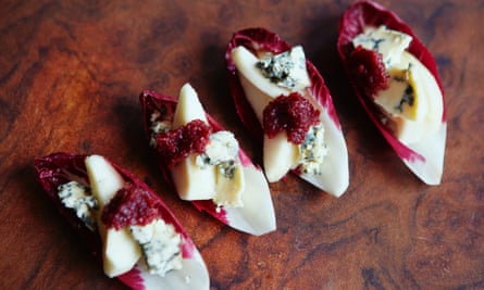 Umami in a canape … Chicory boats with pear, stilton and cranberry jam.