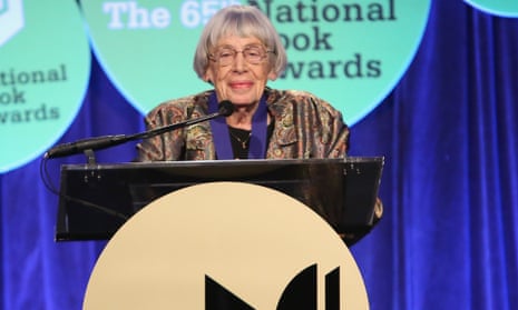Ursula K Le Guin at the lectern at the National Book Awards.