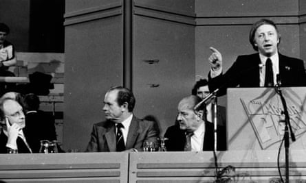 Arthur Scargill, president of the National Union of MIneworker, speaks at a Labour Party rally in Stoke on Trent as Neil Kinnock (left), December 1984