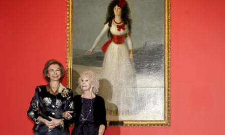 Queen Sofía of Spain, left, and Cayetana de Alba, the 18th Duchess of Alba, in front of Goya’s portrait of her ancestor the 13th Duchess of Alba, 1795, at an exhibition in Madrid in 2012.