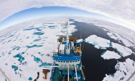 Elevated view of the Norwegian Polar Institute's research ship "RV Lance" in the Arctic sea ice near 82.5 degrees North.