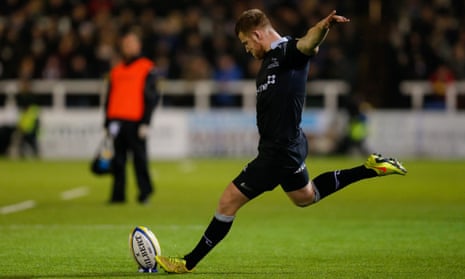 Newcastle’s fly-half, Rory Clegg, kicks one of his five successful penalties against Gloucester.