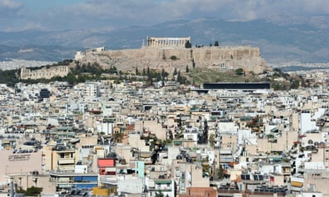 Athens, Greece: houses surrounding the acropolis hill.