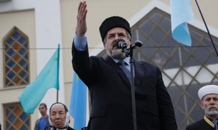Crimean Tatar leader Refat Chubarov addresses the crowd during a rally in Simferopol. Ukraine
