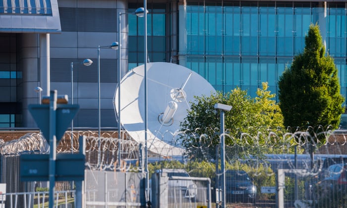 Satellite dish within Government Communications Headquarters (GCHQ) compound in Cheltenham.