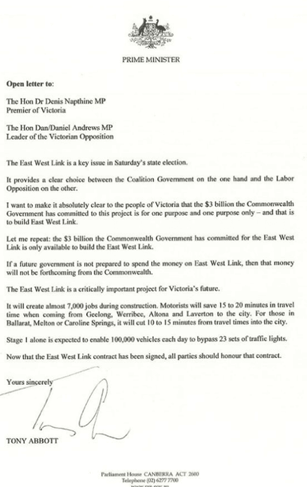 Tony Abbott letter about East West Link