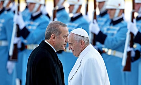 Pope Francis, right, with Recep Tayyip Erdoğan, at the lavish £385m presidential palace in Ankara