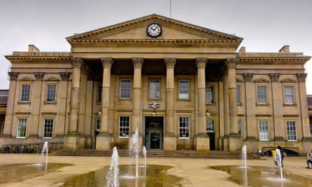 The neoclassical facade of Huddersfield railway station, a homage to a nearby stately home.