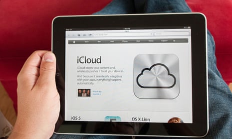 Detail of Apple website showing iCloud cloud computing service on iPad digital tablet
