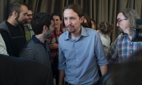 Pablo Iglesias, the leader of the leftist Podemos (We Can) party leaves a news conference in Madrid, Spain.