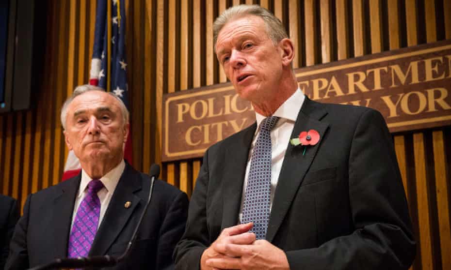 Met police commissioner Sir Bernard Hogan-Howe, right, speaks at the New York counter-terrorism conference, watched by NYPD chief Bill Bratton.