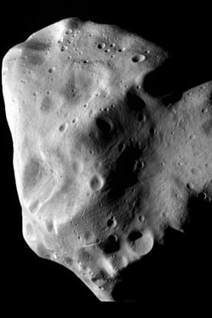 The battered surface of asteroid Lutetia is seen from a distance of 3,162km.