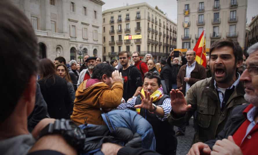 Pro-independence Basque demonstrators supporting Catalonia independence clash with anti-independence and unionist protesters.