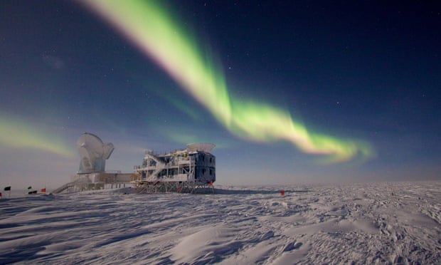 Auroras over the 10-meter telescope and BICEP (Background Imaging of Cosmic Extragalactic Polarisation) at Amundsen-Scott South Pole Station. The 10-meter South Pole Telescope and BICEP both collect data on cosmic microwave background radiation and black matter.