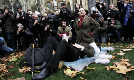 A simulated sex protest against the UK’s new restrictive porn laws staged outside parliament