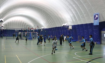 A sports class inside the inflatable clean-air dome at the British School of Beijing.