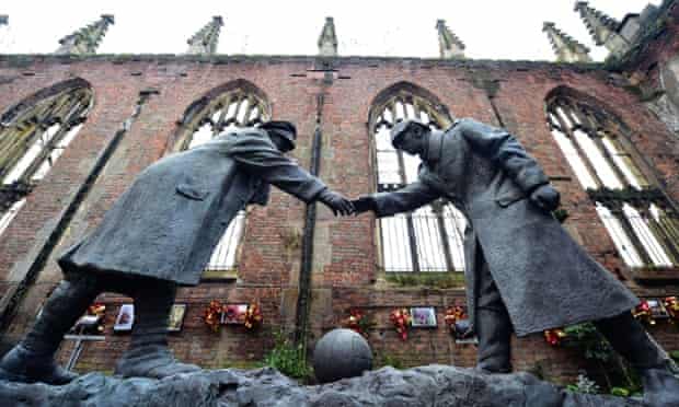 Liverpool, UK A resin model of a sculpture by Andrew Edwards, showing the WW1 Christmas Truce football match inside the remains of St Luke's Church, which suffered bomb damage during WW2 and stands as a permanent monument to those who died in the 1941 Blitz