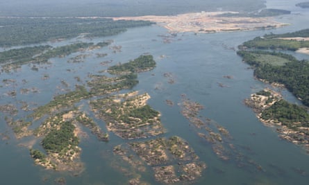 Aerial view of the Belo Monte Dam construction site. Belo Monte is a controversial hydropower plant that is being built in the Xingu River, one of the largest rivers in the Amazon basin.