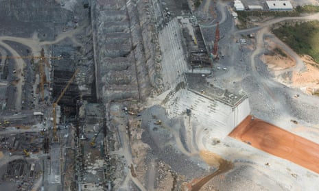 Aerial view of the Belo Monte Dam construction site. Belo Monte is a controversial hydropower plant that is being built in the Xingu River, one of the largest rivers in the Amazon basin.