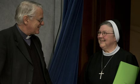 Hole See spokesman Father Federico Lombardi greets Mother Mary Clare Millea at the Vatican.