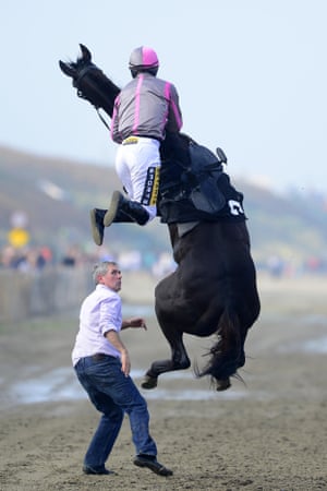4 September: Drama before the race as Arbitrageur flies into the air while jockey Johnny King tries to mount him at Laytown Races in Ireland