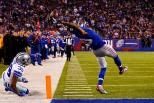 23 November: Odell Beckham of the New York Giants scores a touchdown with an extraordinary catch in the second quarter against the Dallas Cowboys at MetLife Stadium in New Jersey, USA