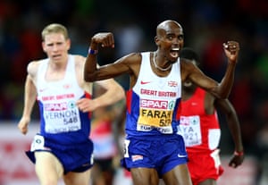 13 August: Mo Farah of Great Britain celebrates winning gold in the men’s 10,000m final during day two of the 22nd European Athletics Championships at Stadium Letzigrund in Zurich, Switzerland