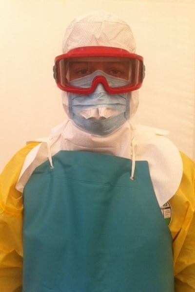 Dr Martin Deahl ready for work at the Ebola treatment centre.