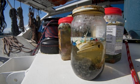 Plastic sample jars. The ORV Alguita returns to Long beach after four months at sea sampling the waters of the great Pacific garbage patch' in the North Pacific Subtropical Gyre (NPSG). The Algalita Marine Research Foundation has been studying and educating the public about the effects of oceanic micro-plastic pollution on the ocean's ecosystem and marine life for over ten years. Long Beach, California, USA.