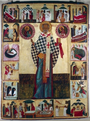 1753: Icon of St Nicholas, Russian. The central portrait is surrounded by 18 scenes from his life. The model for Santa Claus due to his reputation for secret gift-giving, St Nicholas (300-399)