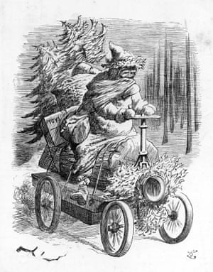 1896: Illustration of Santa Claus riding motor car laden with toys