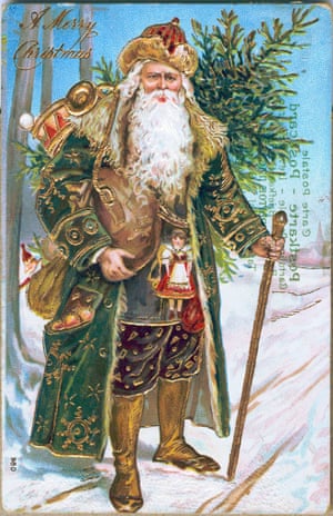 1910: a postcard with a gold embellished Santa Claus in a green coat is issued in Germany