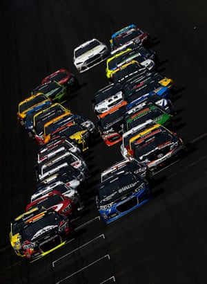 27 July: Jeff Gordon, driver of the #24 Axalta Chevrolet, and Kasey Kahne, driver of the #5 Time Warner Cable Chevrolet, lead the field to a restart during a NASCAR race at the Brickyard Indianapolis Motor Speedway
