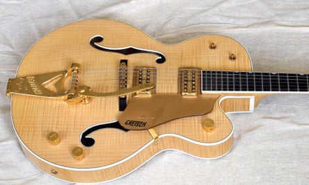 The body of a Gretsch guitar with Bigsby tremelo arm