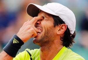 2 June: Fernando Verdasco puts his fingers in his eyes due to frustration while playing Britain’s Andy Murray in the fourth round match of the French Open at the Roland Garros in Paris