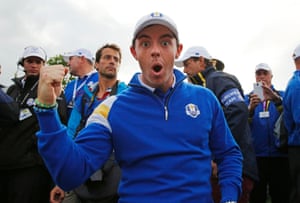 28 September: Rory McIlroy celebrates on the 15th green as Europe win the Ryder Cup at Gleneagles in Scotland