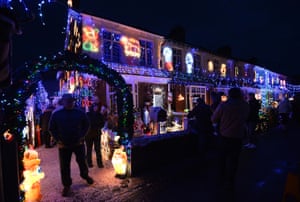 Christmas lights on display in Byron Road, New Milton, Hampshire where each year, a group of residents on Byron Road switch on their lights to raise money for local charities.
