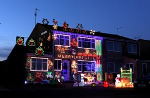 Christmas lights on a house in Torrington Road in Wellingborough, Northants