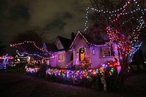 Houses are decorated with colourful lights in Vancouver, Canada. Vancouver neighborhoods follow the tradition of decorating their houses with eye-catching Christmas lights that usually draw people's attention to visit during the holiday season