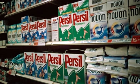 Packets of detergent on supermarket shelves