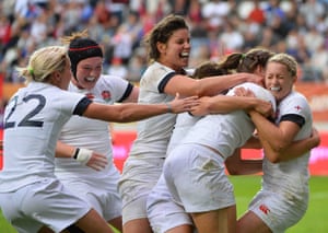 17 August: England’s women’s rugby team celebrate during their World Cup match againstCanada at the Jean Bouin Stadium in Paris, France. England beat Canada 21-9 to win the World Cup for the first time in 20 years