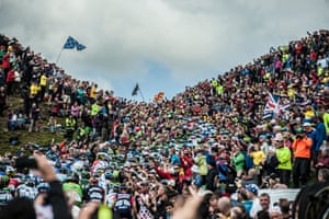 5 July: The main peloton gets ready to hit the amphitheatre of Buttertubs Pass - or Cote de Buttertubs, as the French renamed it for the day - during the Tour de France's Grand Depart in Yorkshire