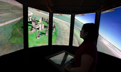 A woman views Stonehenge on panoramic Google Maps screens at the Google campus near Venice Beach, in Los Angeles, California.