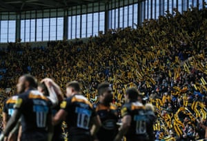 Fans celebrate after Wasps score thier final try of the game in the last minute. It’s earned them a 48-16 win.