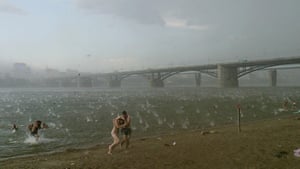 hailstorm on the beach at the Ob river, in Novosibirsk in western Siberiain siberia