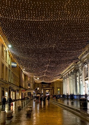 Beautiful Christmas lighting above the streets of Glasgow, Scotland.