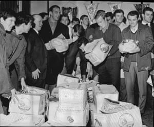Cardiff City players receiving their Christmas Turkeys from Chairman Fred Dewey in 1964