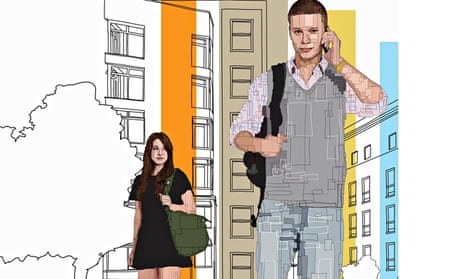 Drawing of young man on mobile phone with woman in background
